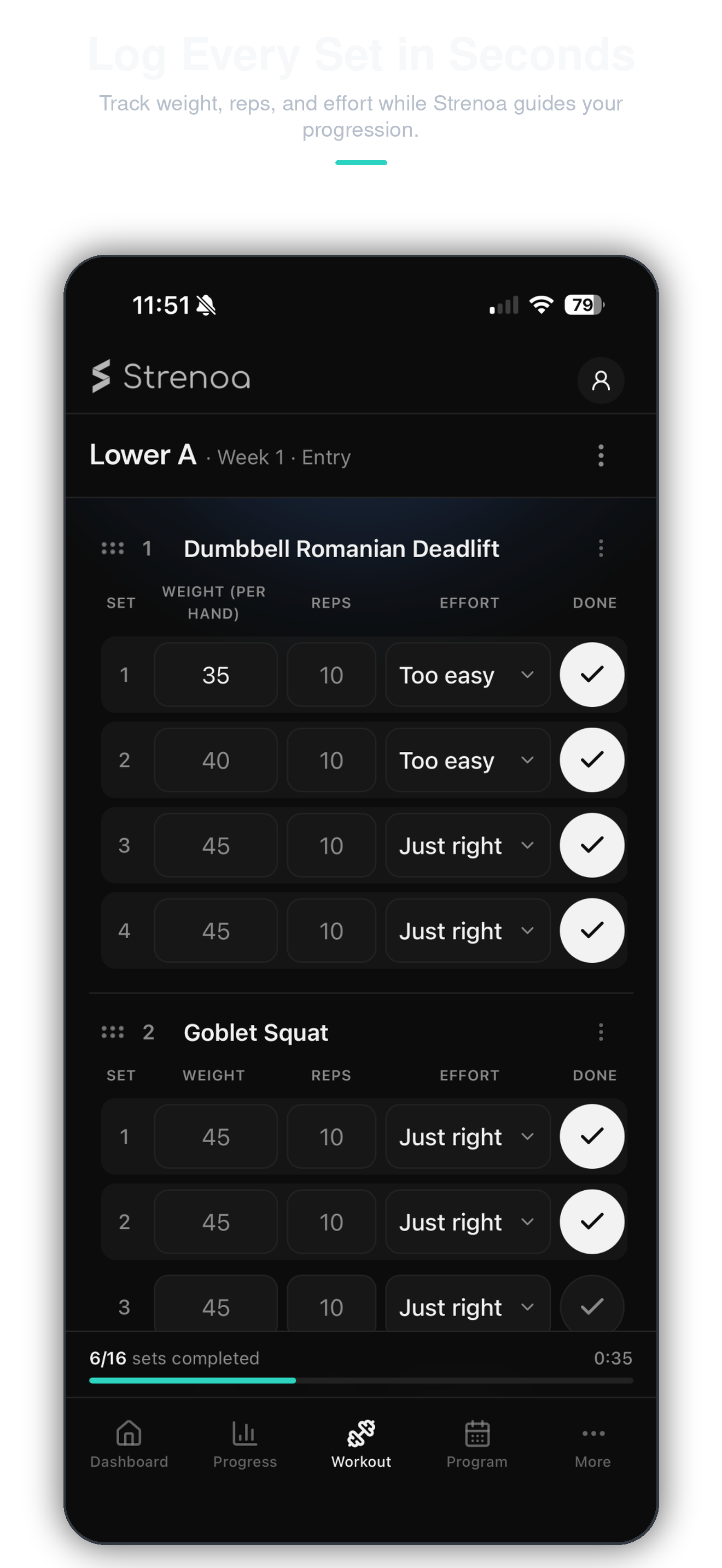 Log Every Set in Seconds — Track weight, reps, and effort while Strenoa guides your progression.